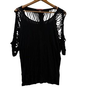 BKE red Womens Black Shredded Slashed Cut‎ Out Cold Shoulder Top  Small